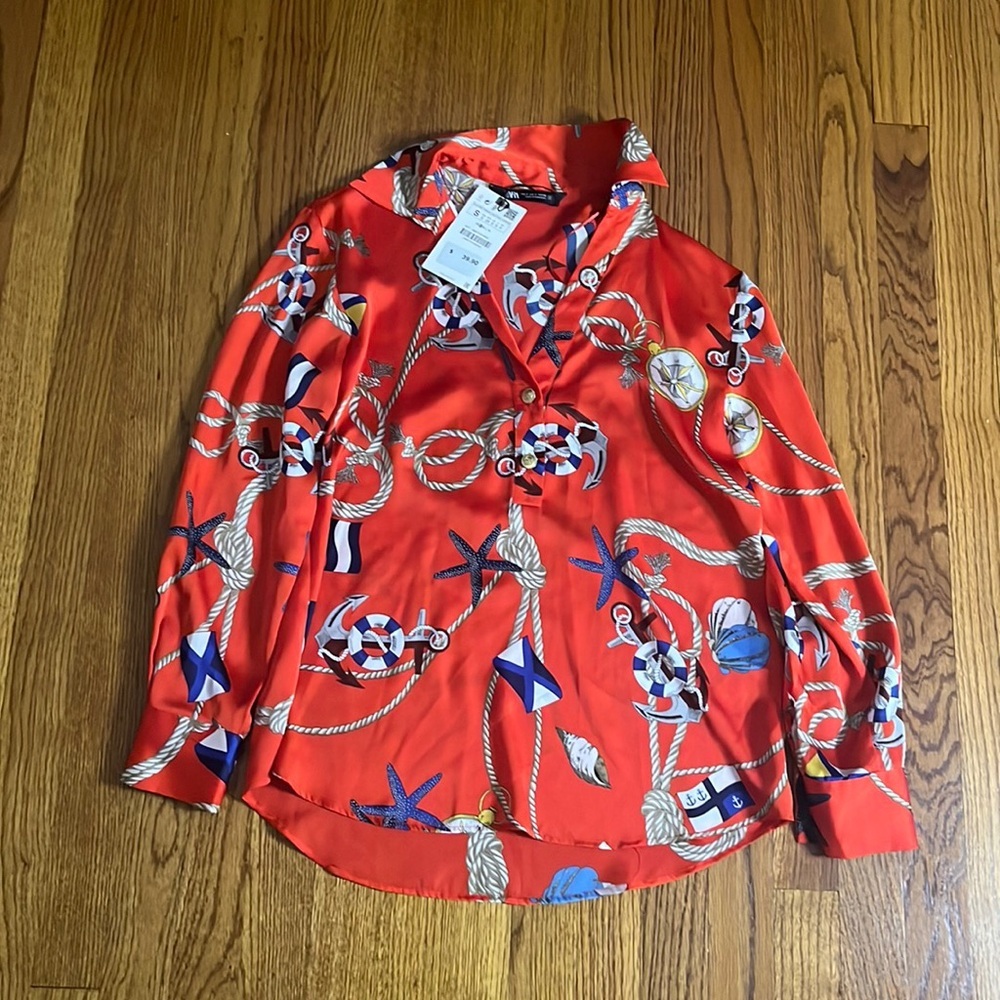 NWT Zara Woman’s Red Rope Anchor Blouse Size S